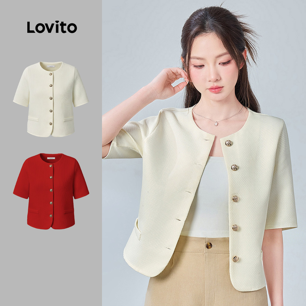 Lovito Blazer Casual Vermelho Festa Botões Texturizados Estilo Simples Cor Damasco Outono/inverno Mulheres L173AD208 em Oferta na Shopee