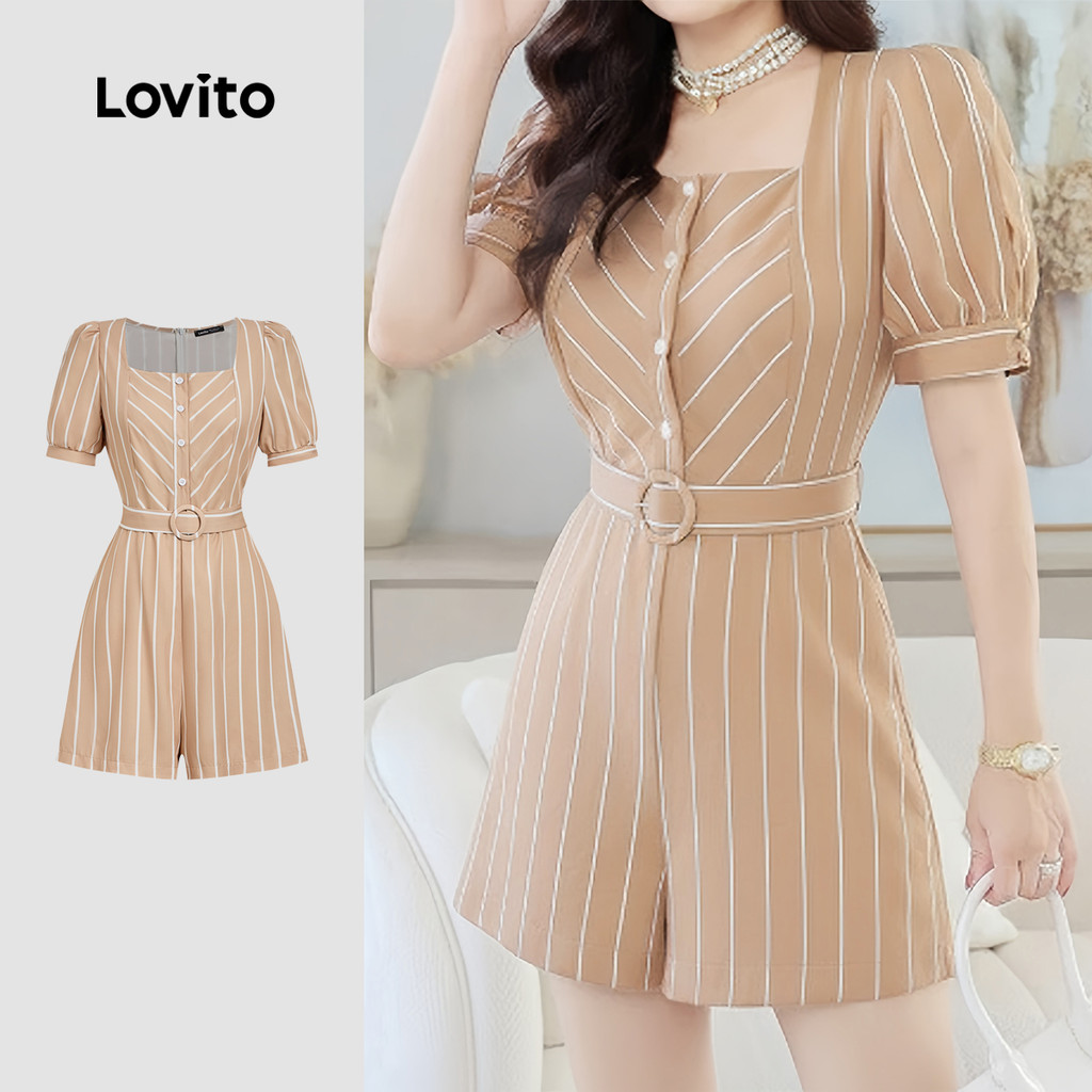 Lovito  Macacão Casual Geométrico com Cinto Primavera/verão Macacão Khaki para Mulheres L171ED095 em Oferta na Shopee