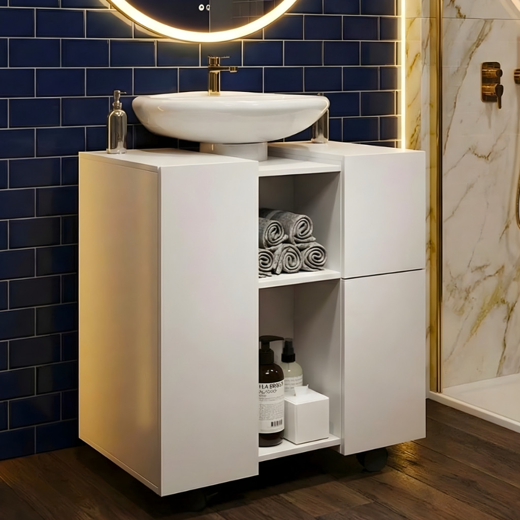 QUEIMA DE ESTOQUE! Gabinete para Pia de Banheiro Com Coluna Armário S Cuba Porta e Gaveta Lavatório