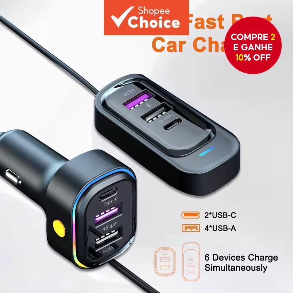 Carregador de carro multi-porta Carregador super rápido Compatível com Android 66W Interface Tipo-c Carregamento de