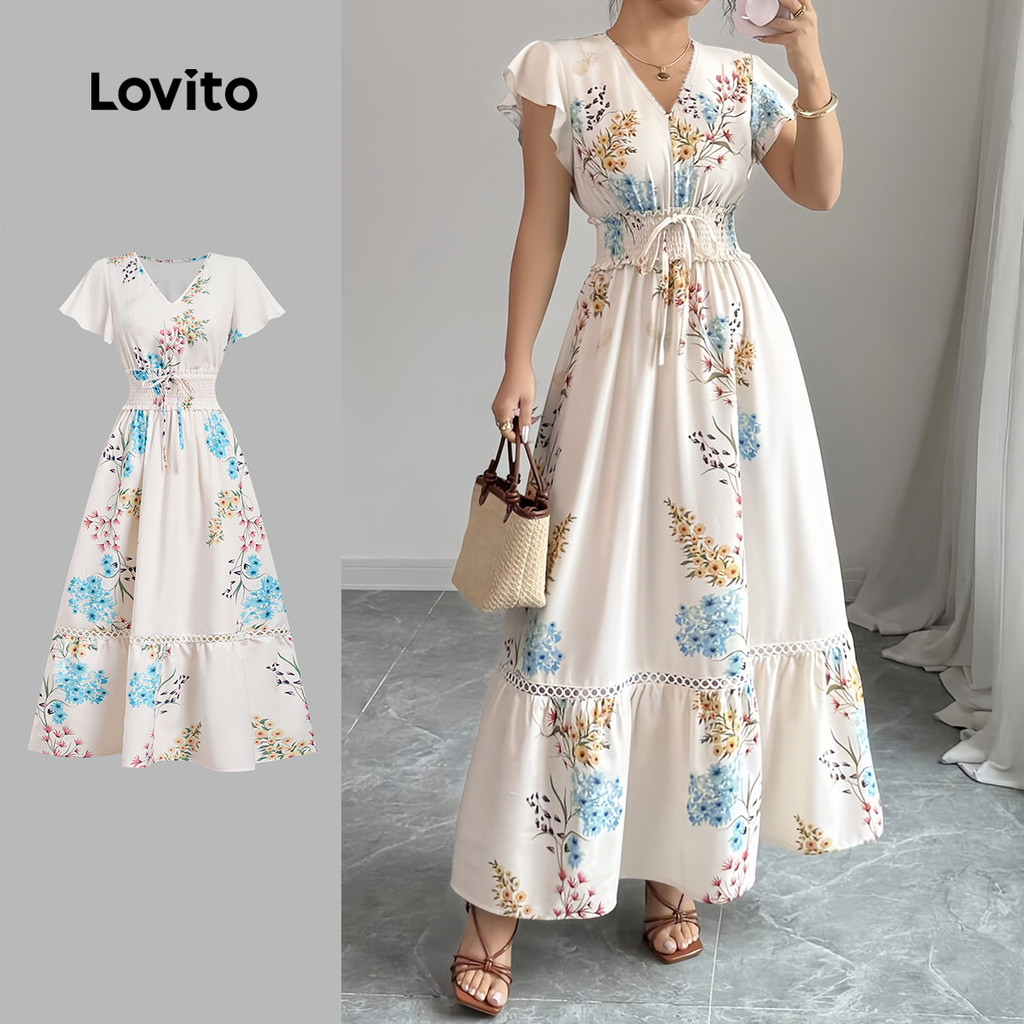 Lovito  Vestido Boho Plissado Smocked para Mulheres - Vestido Primavera/Verão LBL32051 em Oferta na Shopee