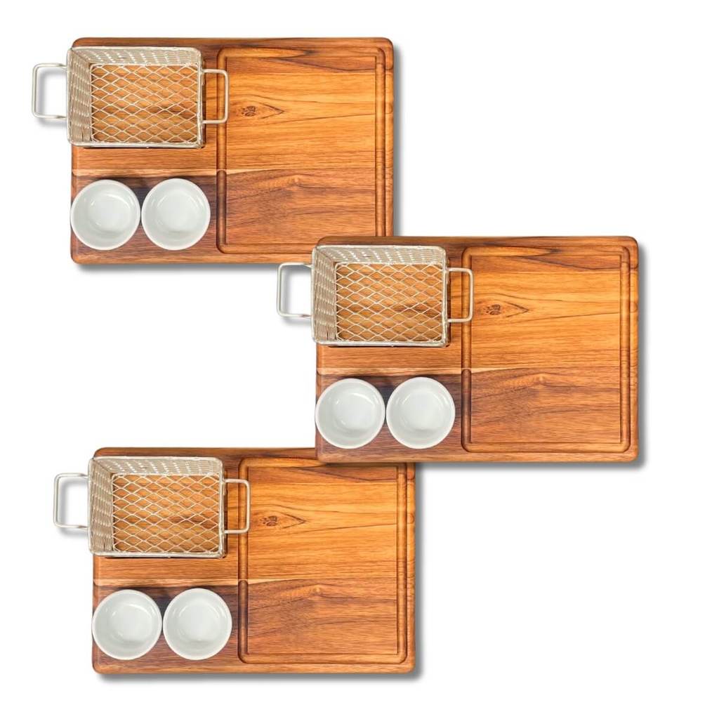 Kit 3 Tábuas Petisqueira 30x20 Com Cestas e Ramekins Para Servir Hambúrguer, Fritas e Porções