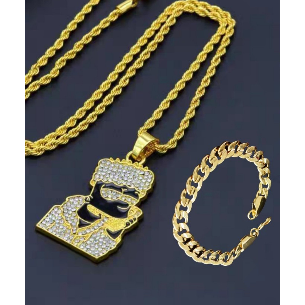 Conjunto de colar e pulseira banhados a ouro 24 quilates com pingente Simpson, estilo hip-hop punk.
