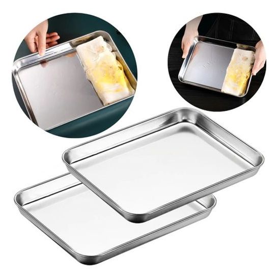 2 Bandeja Assadeira Retangular Lisa Aço Inox 304 Baixa 31,5x24,5cm travessa Servir Vitrine Forno