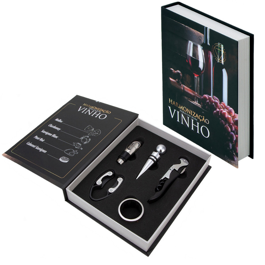 Kit 5 Peças Vinho Luxo Abridor Saca Rolhas Tampa Dosador Livro Decorativo Presente Vinhos