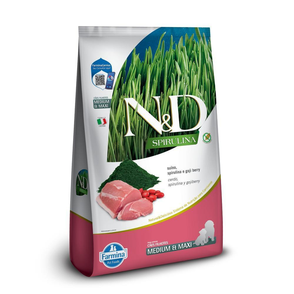 Cães Filhotes de Raças Médias e Grandes Sabor Suíno, Spirulina e Goji Berry 10,1Kg N&D Spirulina