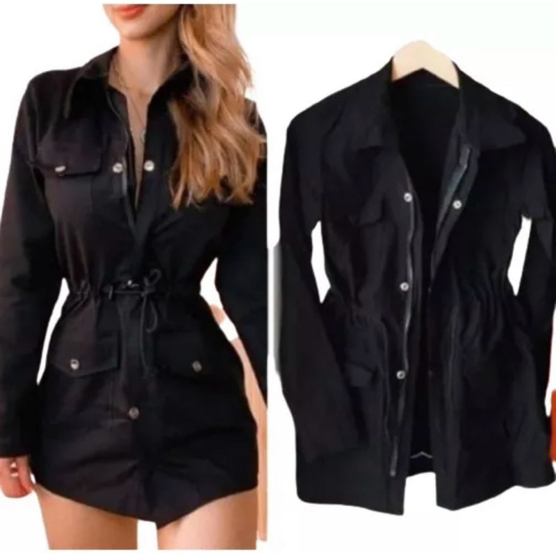 Parka em Bengaline Casaco Jaqueta Sobretudo com Zíper e Botões Blusa de Frio moda Feminina Outono Inverno