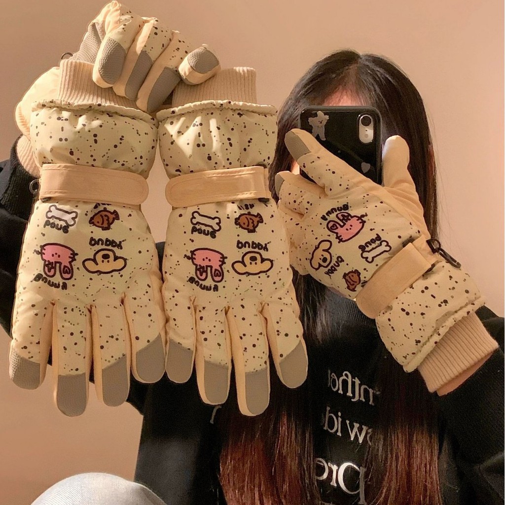 Luvas De Inverno Fofas Com Tela Sensível Ao Toque Para Mulheres , Repelentes De Água À Prova De Frio De Lã Espessada Esq