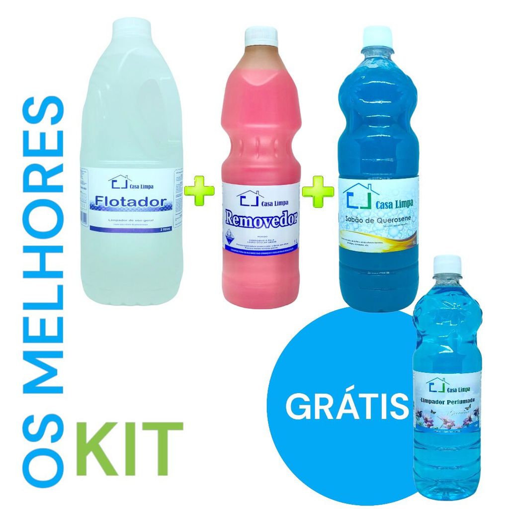 KIT OS MELHORES (FLOTADOR 2L + SABAO QUEROSENE 1L + REMOVEDOR ROSA 1L + LIMPADOR GEOVANA) em Oferta na Shopee