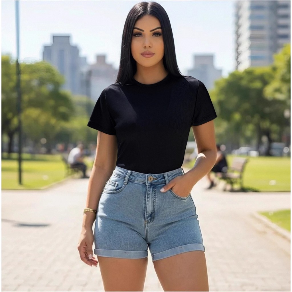 T Shirt Gola Redonda Canelada Blusa Feminina Gola Redonda Canelada Manga Curta