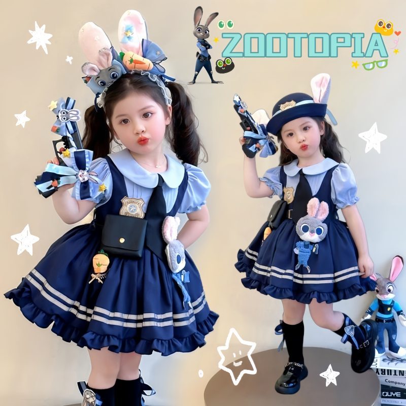 Cute Judy Coelho Oficial Costume para Meninas Puff Sleeve Lolita vestido Crianças Halloween festa de aniversário F