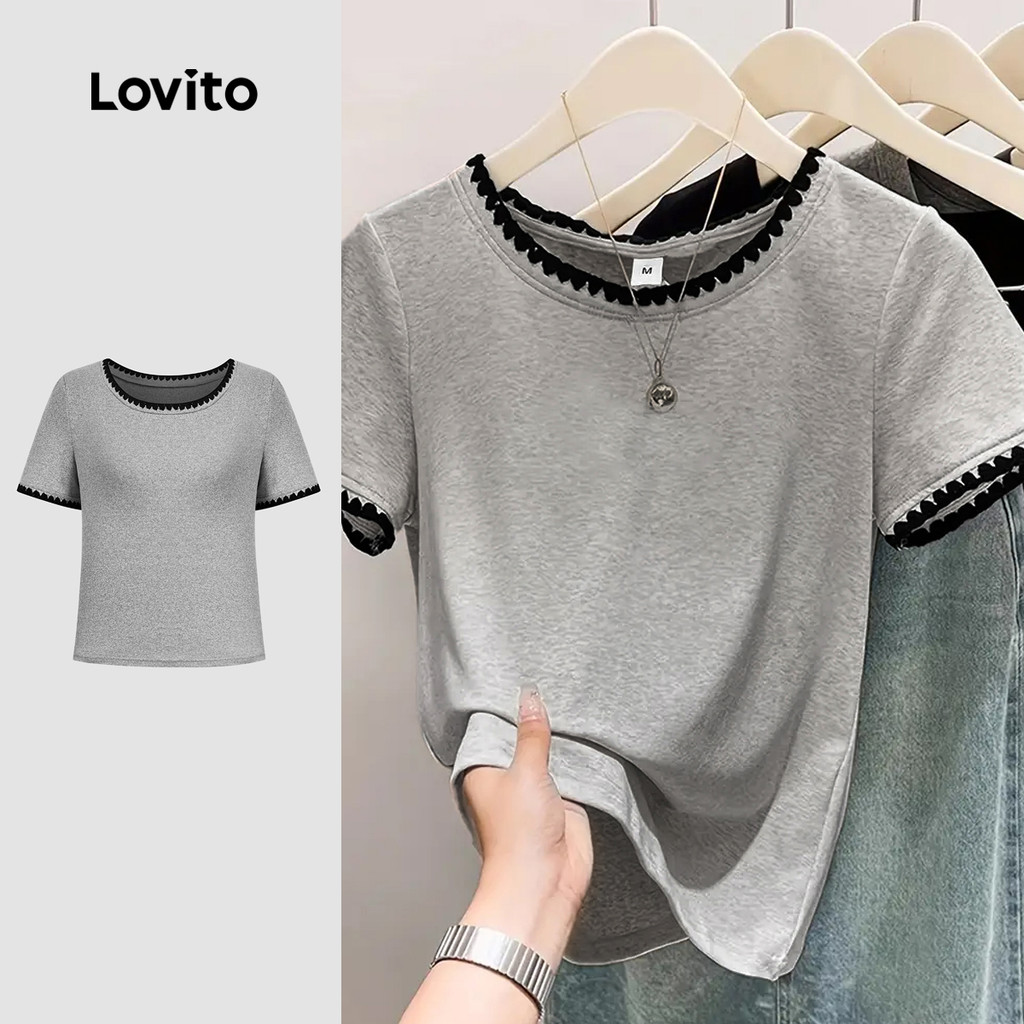 Lovito Camiseta Casual de Primavera/verão Cinza para Mulheres L166AD033 em Oferta na Shopee