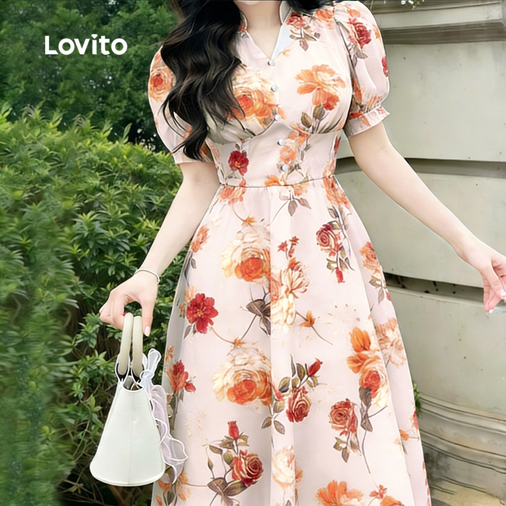 Lovito Vestido Longo Casual Estampado Floral Zíper Botão Corset Primavera/Verão para Mulheres LBL32069