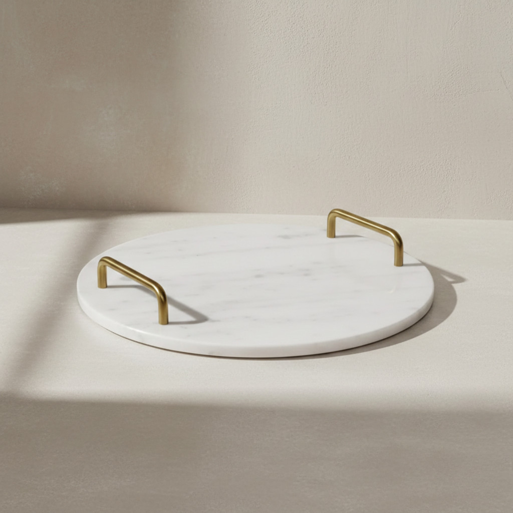 Bandeja Mármore Branco Metal Dourado 30x5cm Bandeja Decorativa Servir Lavabo Bar Centro Mesa