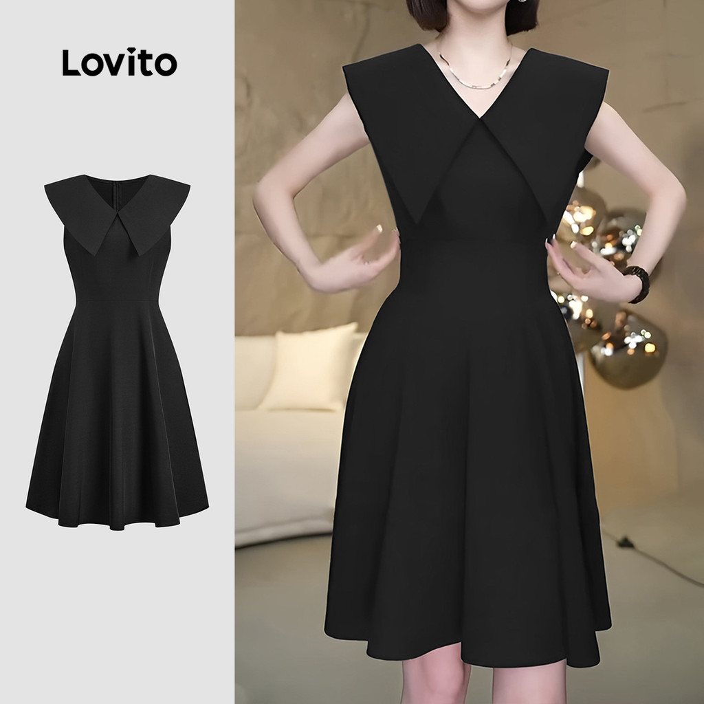 Lovito Vestido Elegante de Rua Simples e Retrô para Primavera/verão  Preto para Mulheres L142ED205 em Oferta na Shopee