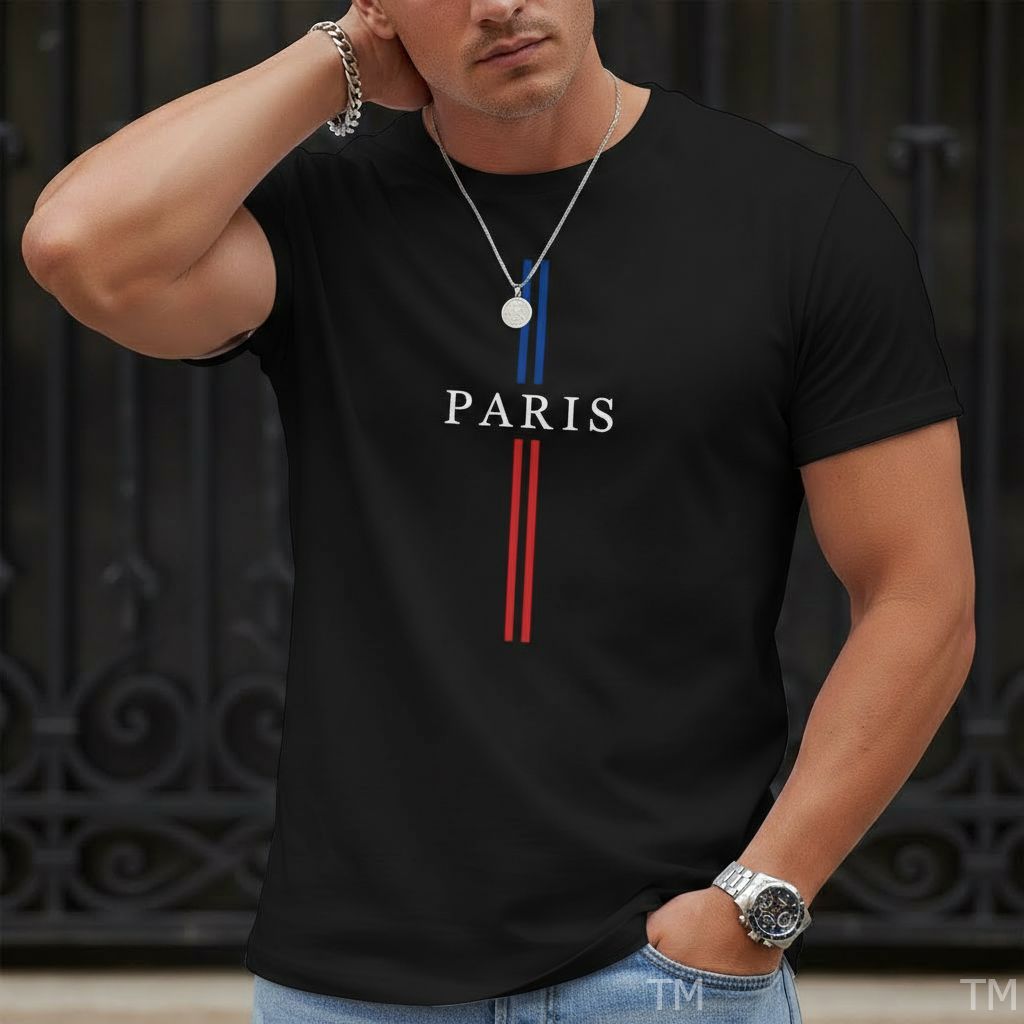 Camiseta Básica Casual Masculina Estampada Paris Listras Street Malha Respirável Academia