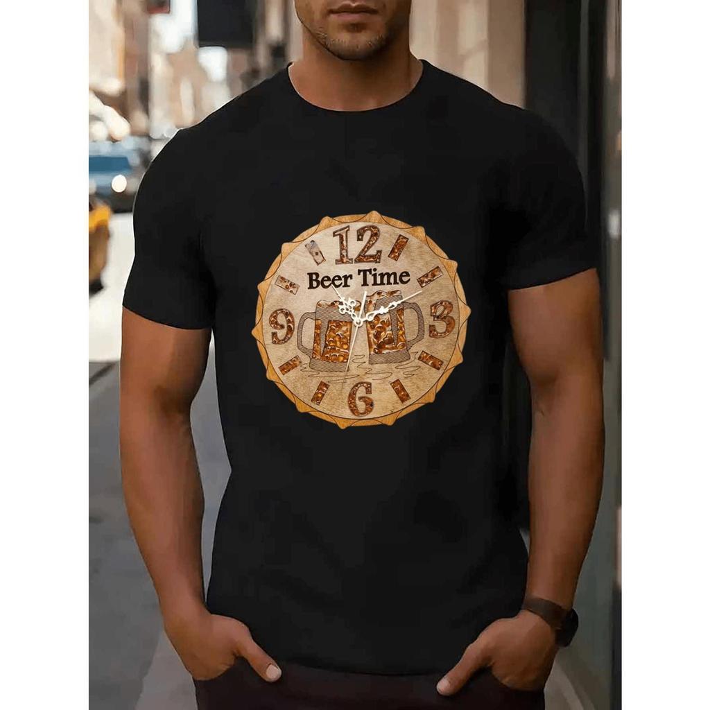 Camiseta Masculina Vintage "Beer Time" - Design Retr? de Relógio de Cerveja e Pint, Manga Curta Gola Redonda, Tecido Lev