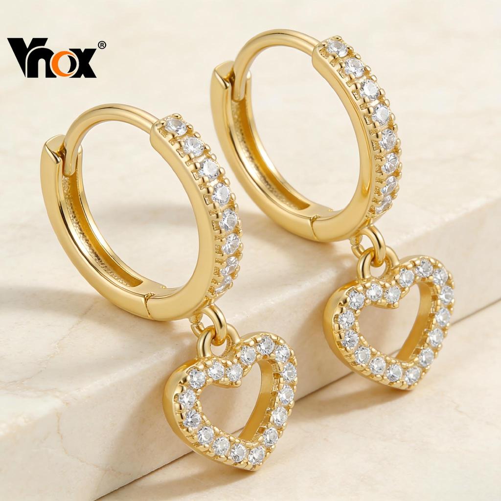 Vnox Zircon Brincos Em Forma De Coração Dourados Para Mulheres E Meninas , Presente De Joias De Luxo Elegantes À Prova D