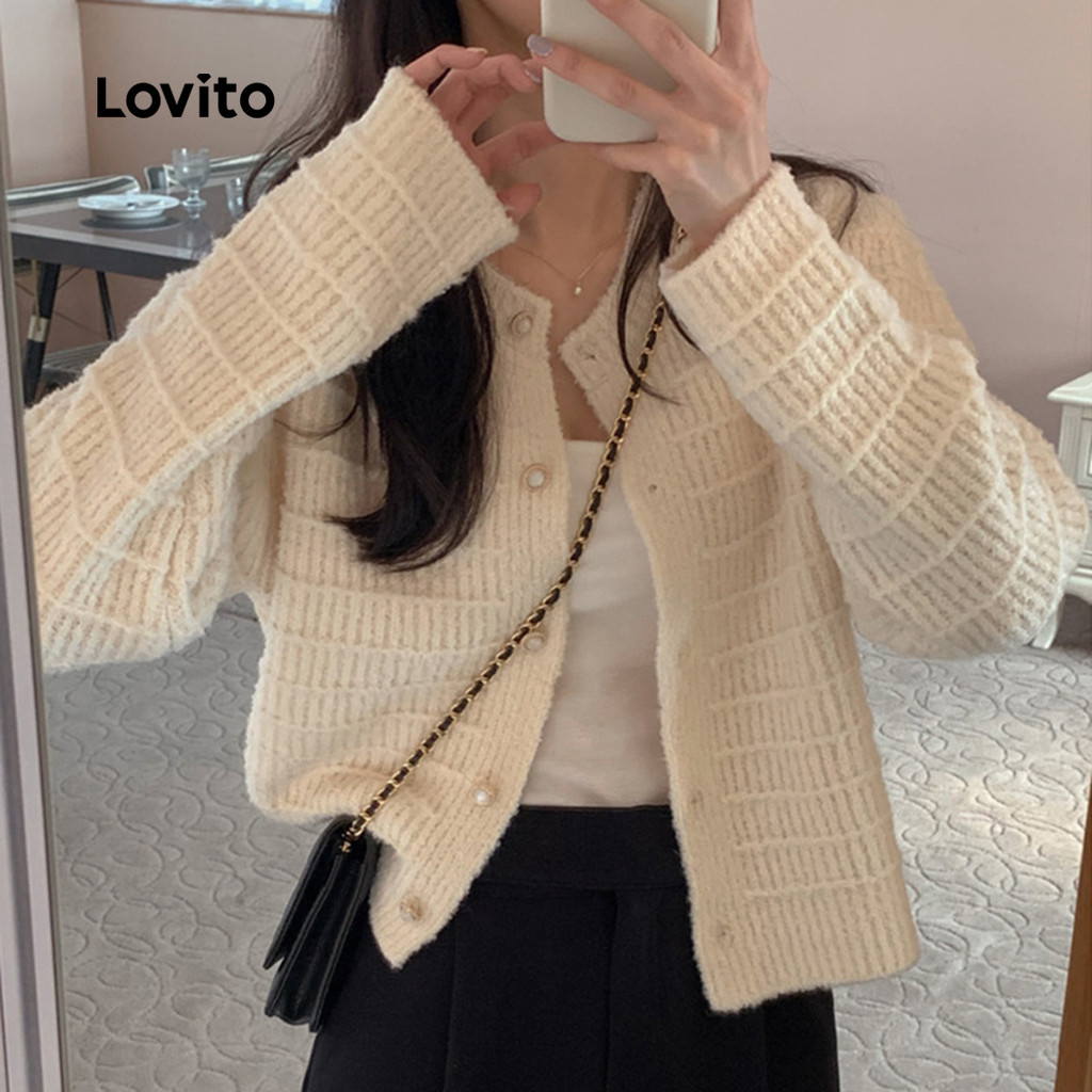Lovito  Cardigans Casuais Botão Lazer Simples Outono/inverno Cardigans Brancos para Mulheres LNA130009 em Oferta na Shopee