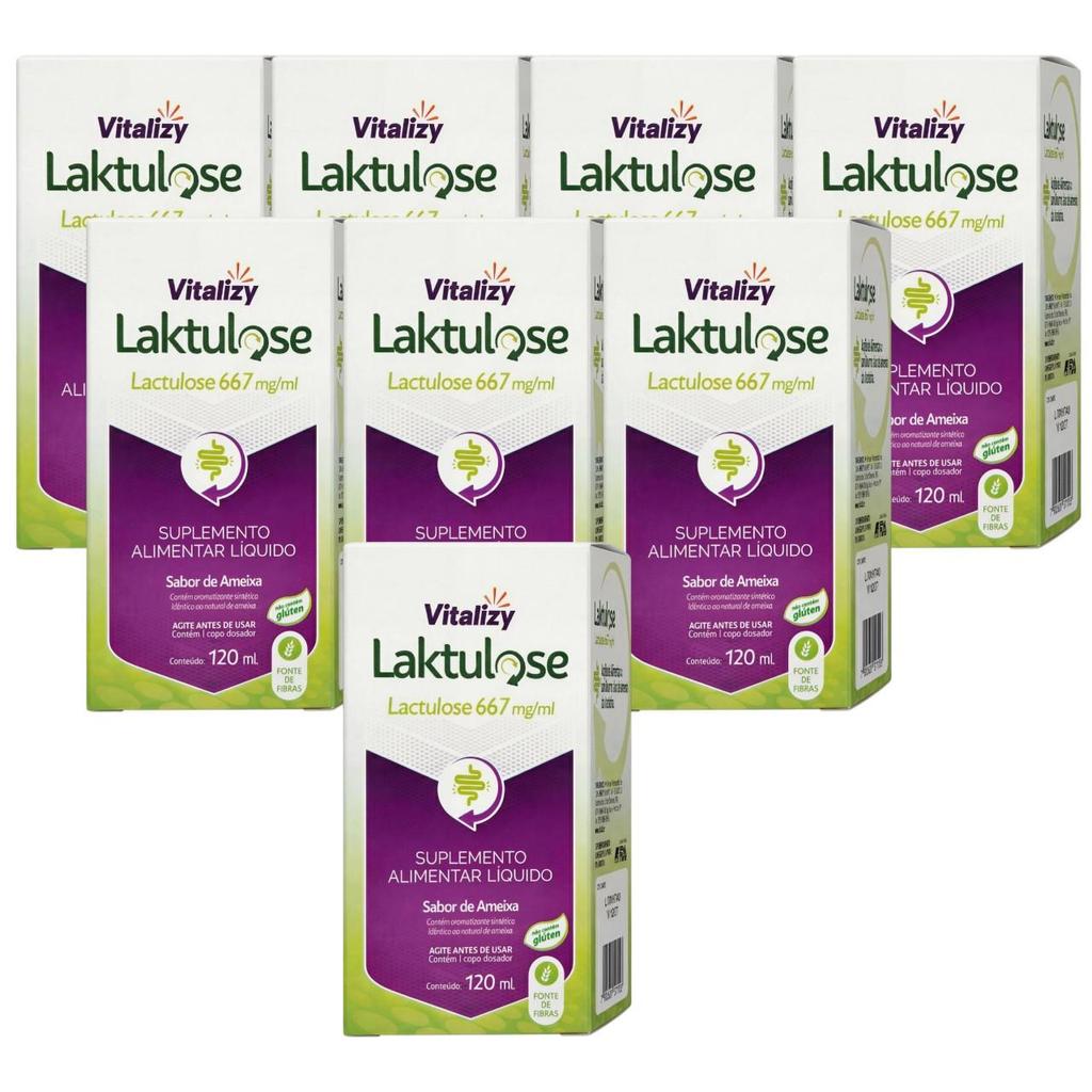 KIT Lactulose 8 Caixas de 120ml cada Vitalizy 667mg/ml  Ameixa Regulador Intestinal Sem Glúten Fonte De Fibras Natural