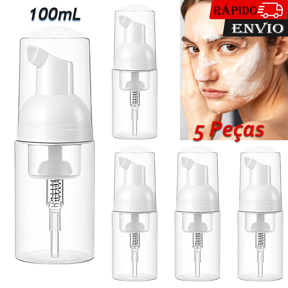 5 Frasco Dispensador 100ml com Bombinha Pump Garrafa Plástica Recarregável para Sabão Limpeza Facial e Higiene Diária