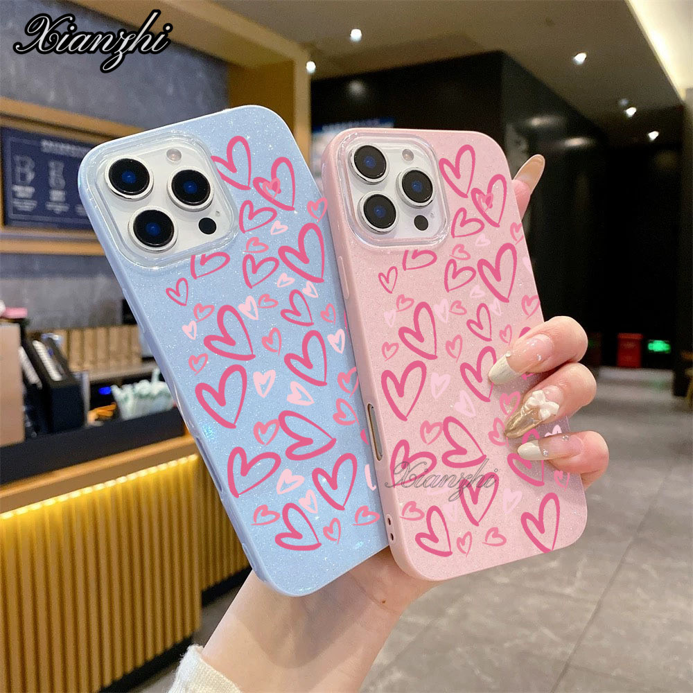 Capa Para Samsung S26 Ultra S25 S24 Plus S23 FE S22 S21 S20 A17 A07 A06 A15 A16 A56 A36 Glitter Rosa Coração De Telefone
