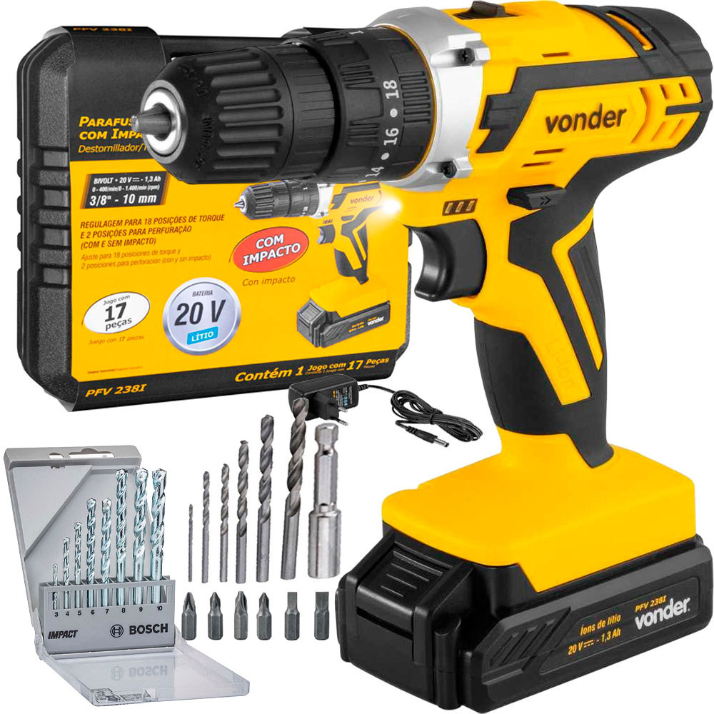 Kit Parafusadeira e Furadeira de Impacto Vonder com Acessórios e 8 Brocas Bosch CYL-1