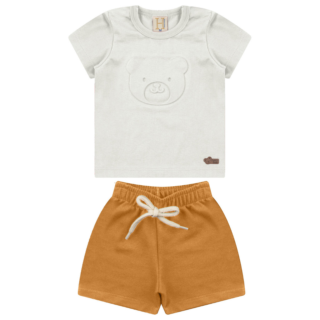 15131Conjunto Bebê Masculino Camiseta Meia Malha Embossing Bermuda Moletinho Caramelo Confortável