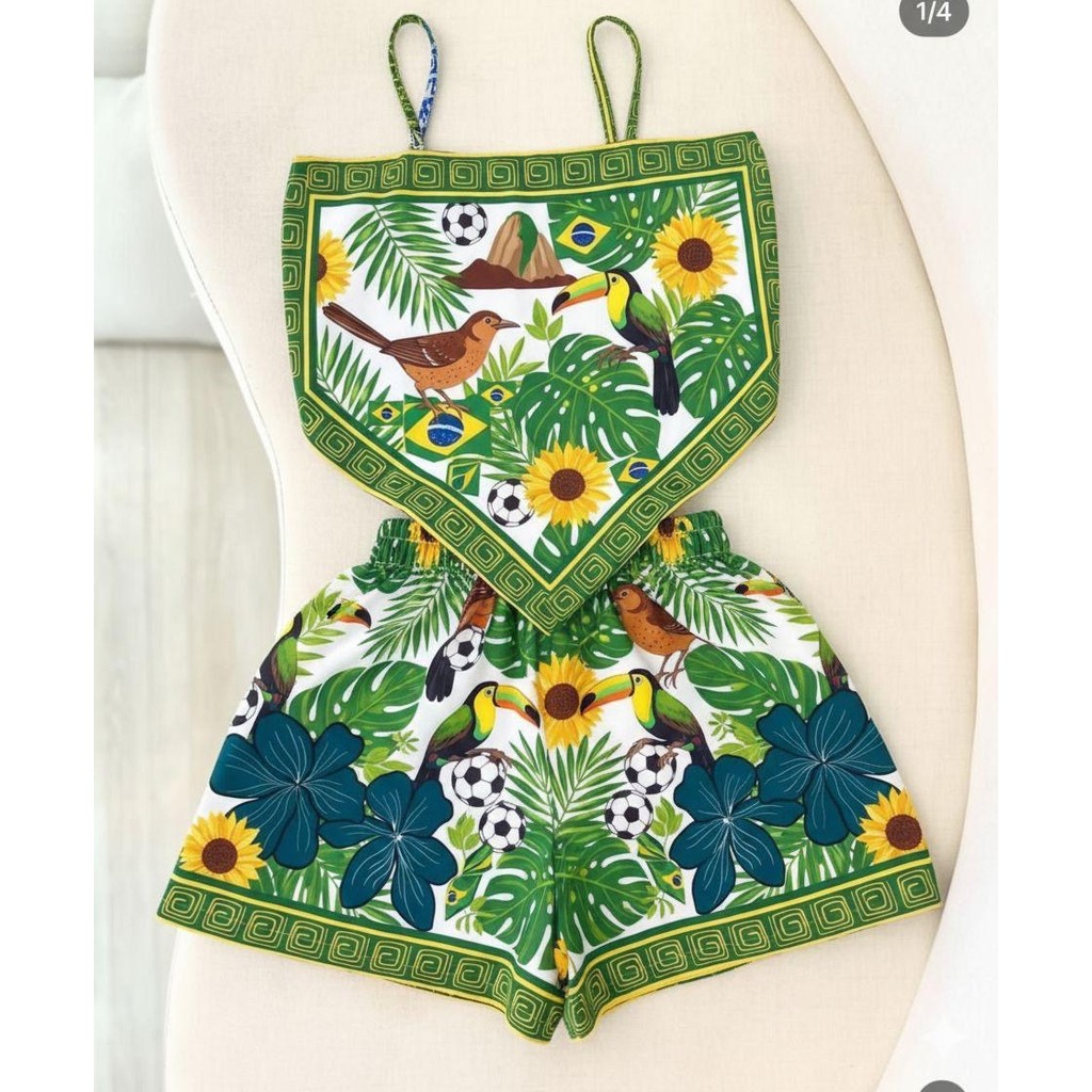 Conjunto Feminino Verão Tropical Brasil Cropped Lenço + Short Estampado Arara,Tucano,Copa