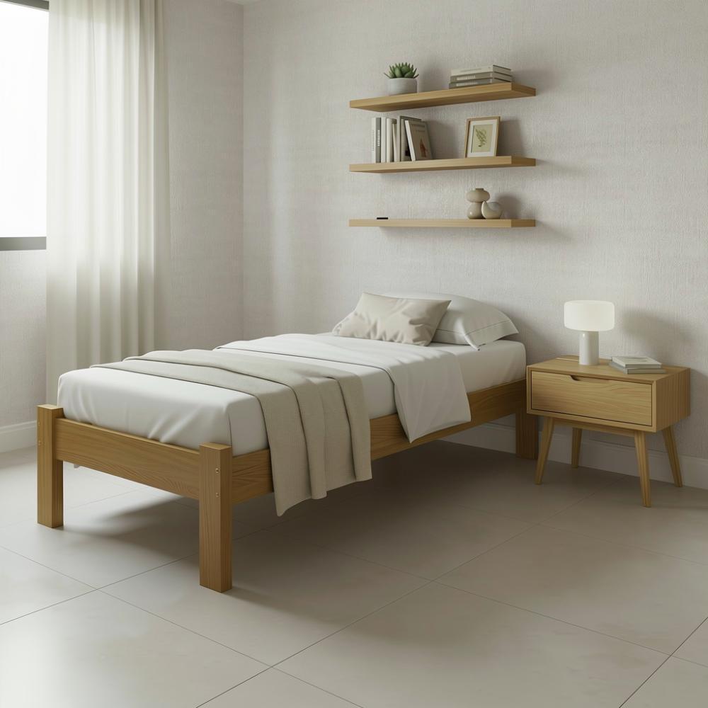 Cama Solteiro Turca com Colchão em Madeira Maciça Nogueira
