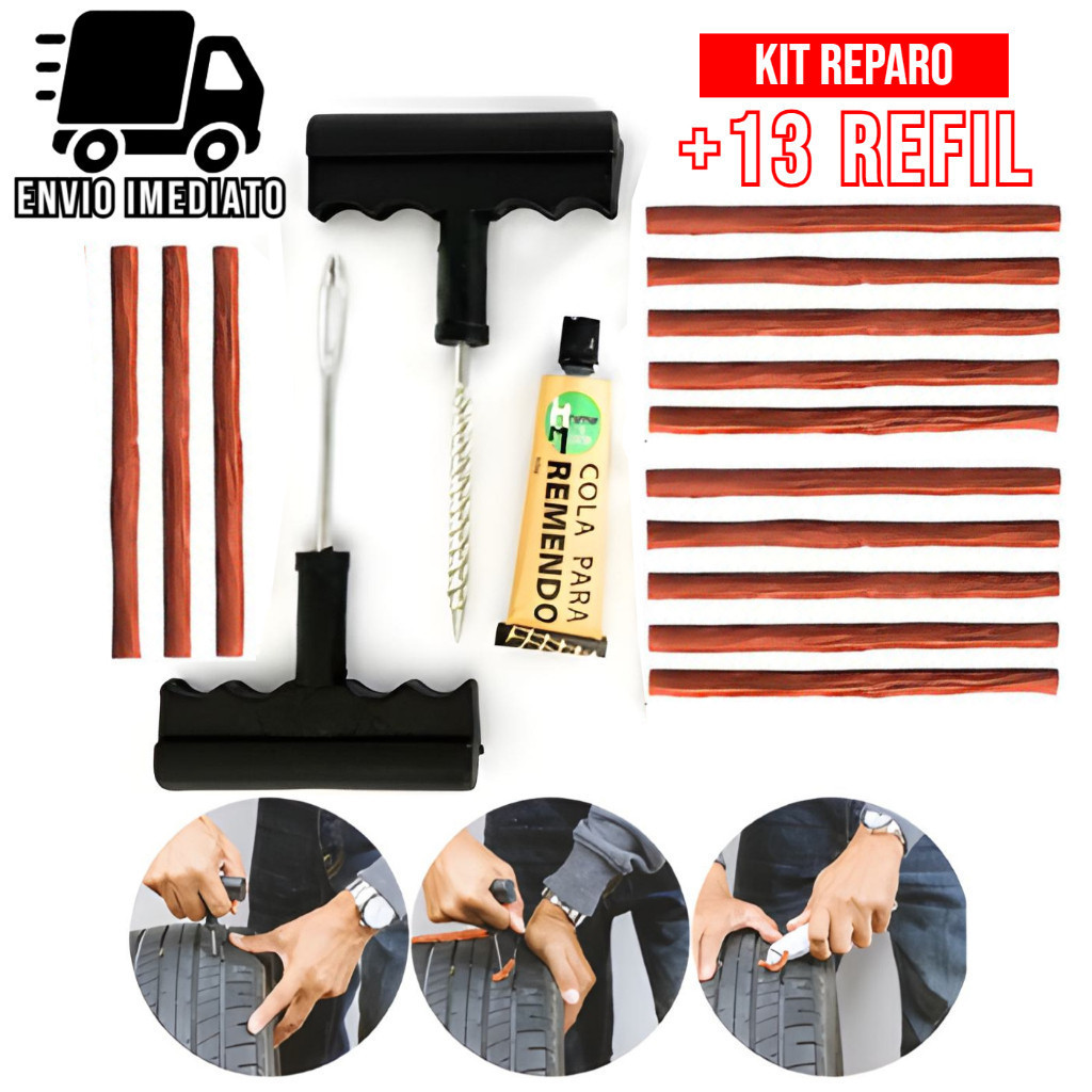 Kit Reparo Pneu sem Camara para Carro e Moto + 20 Refil Selante Macarrão Remendo