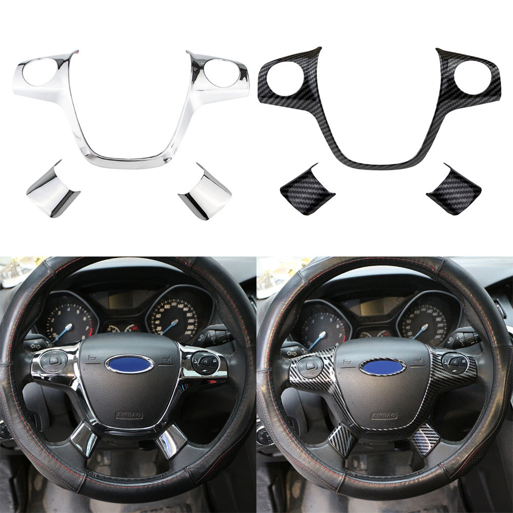 Para Ford Focus MK3 2012-2014 Kuga Escape 2013-2015 C-Max Painel Do Volante Guarnição Capa De Fibra Carbono/Adesivo Crom