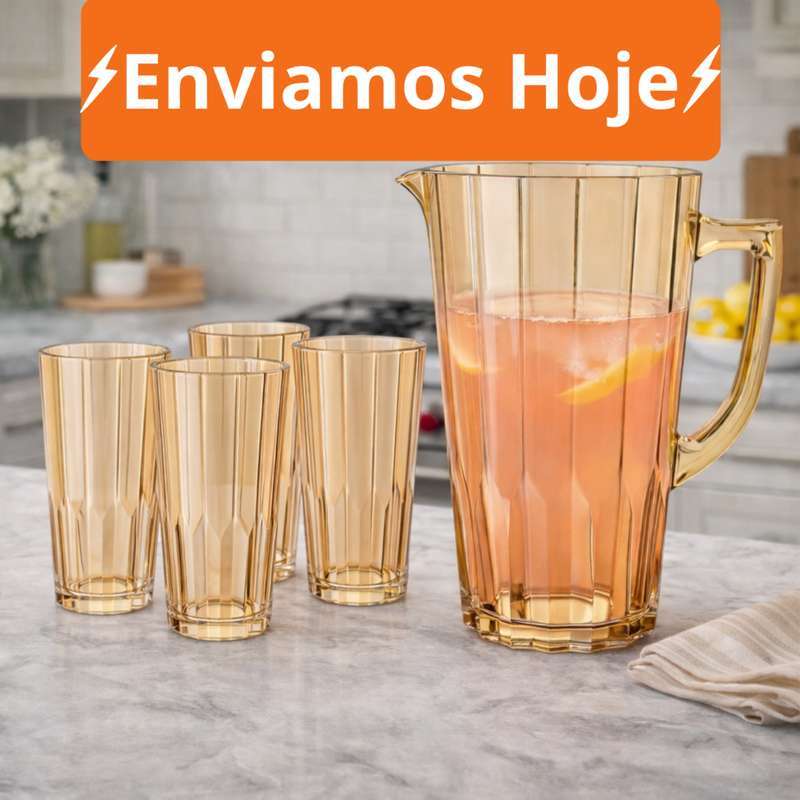 Conjunto 5 Peças Canelado Ou Jogo 4 Copos 470ml - 1 Jarra 1,2Lts Vidro Resistente Suco Água Refrescos
