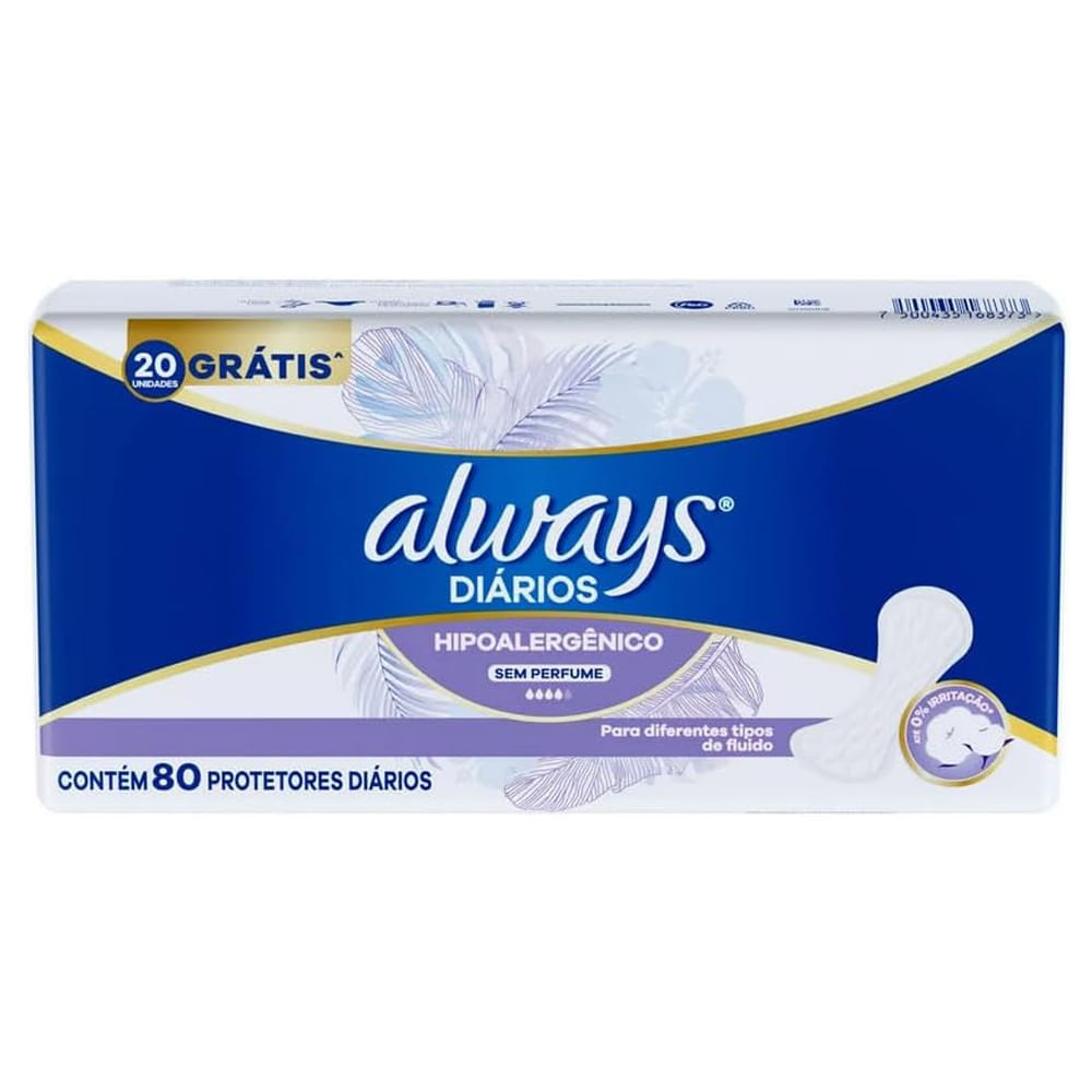 Protetor Diário Always Hipoalergênico Sem Perfume - 80 unidades em Oferta na Shopee