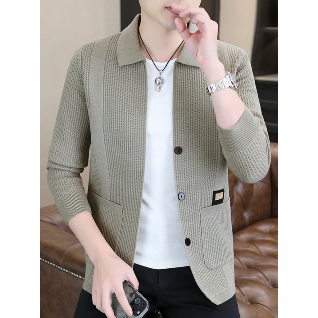 Roupas masculinas 2026 novo estilo na moda High-End jaqueta de malha Casual lapela juventude Cardigan jaqueta primavera 
