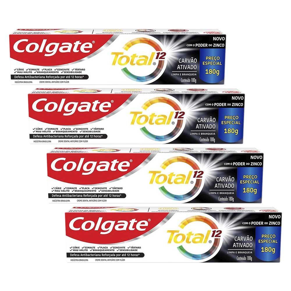 Kit 4 Cremes Dentais Colgate Total Carvão Ativado 180g