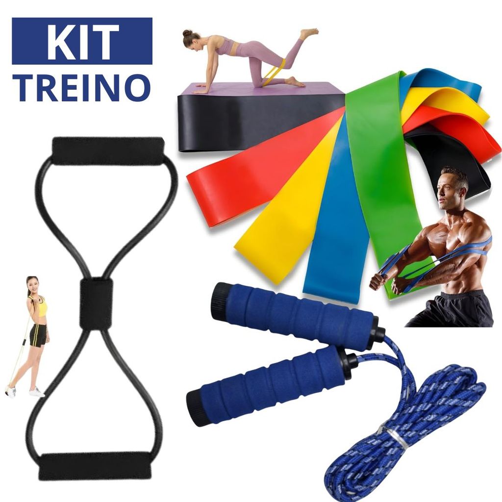 Kit Treino Em Casa Completo Elástico Extensor Cross Tube +Corda de Pular + Kit com 5 Faixa Mini Band