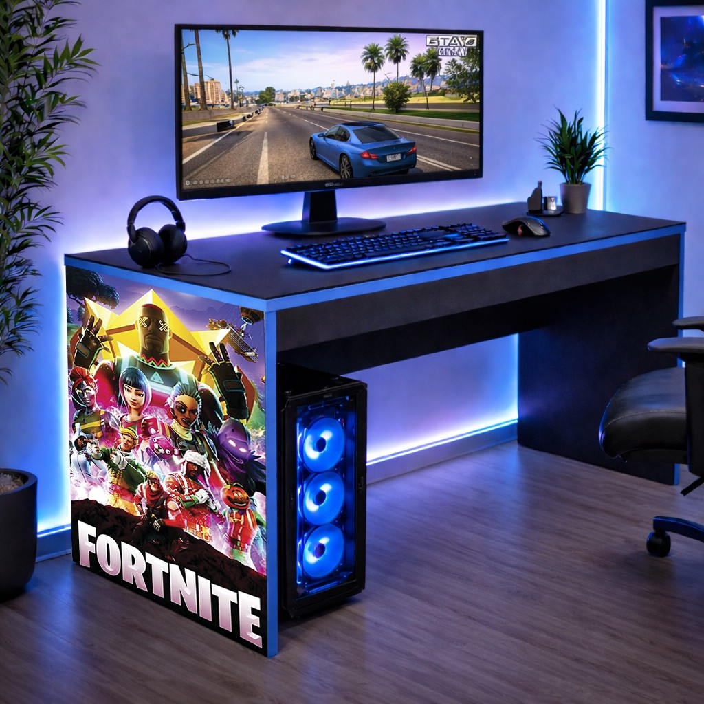 Mesa Gamer Escrivaninha infantil Mesinha quarto Borda Azul Fortnite 90 CM Achadinho Oferta