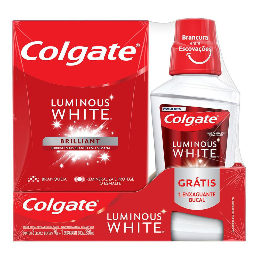 Creme Dental Colgate Luminous White Mint 3 Unidades de 70g cada e Ganhe Enxaguante Bucal Luminous White 250ml em Oferta na Shopee