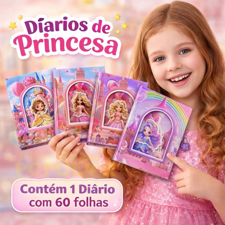 Diário de Princesas 3D Caixinha Secreta Fofo Com Cadeado e Chave Decorado 60 folhas 21cm
