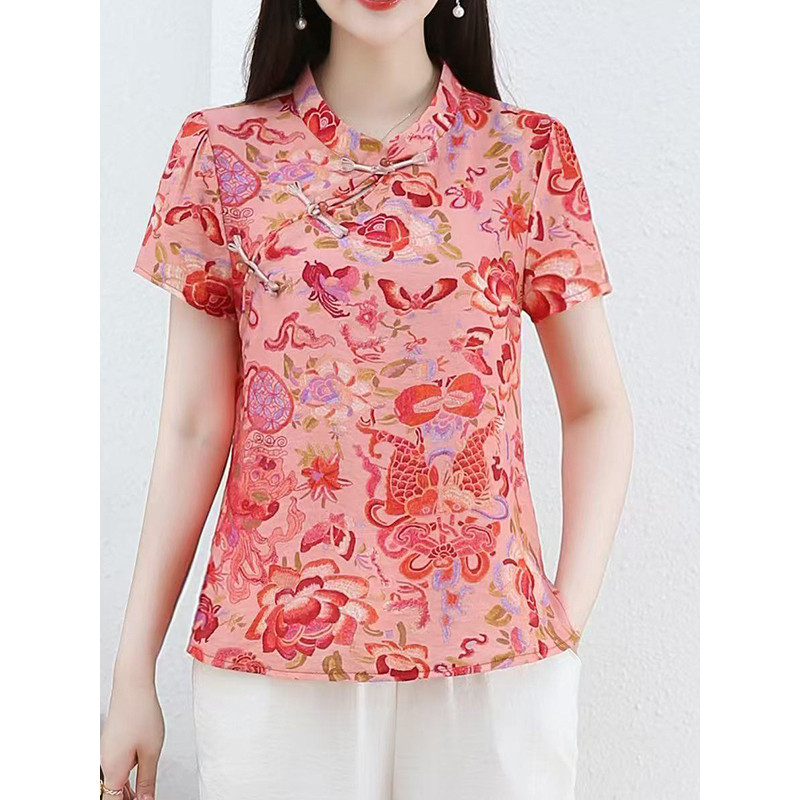 2025 verão novo estilo roupas de mãe de meia-idade estilo chinês camisa de manga curta feminina solta topo feminino cami