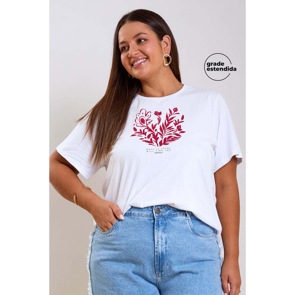 T-Shirt Feminina Floral Regular Marialícia Branco em Oferta na Shopee