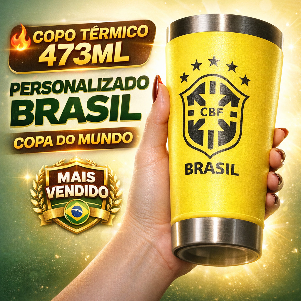 Copo Térmico Personalizado Brasil 473ml | Copo com Tampa | Copa do Mundo Hexa | Aço Inox