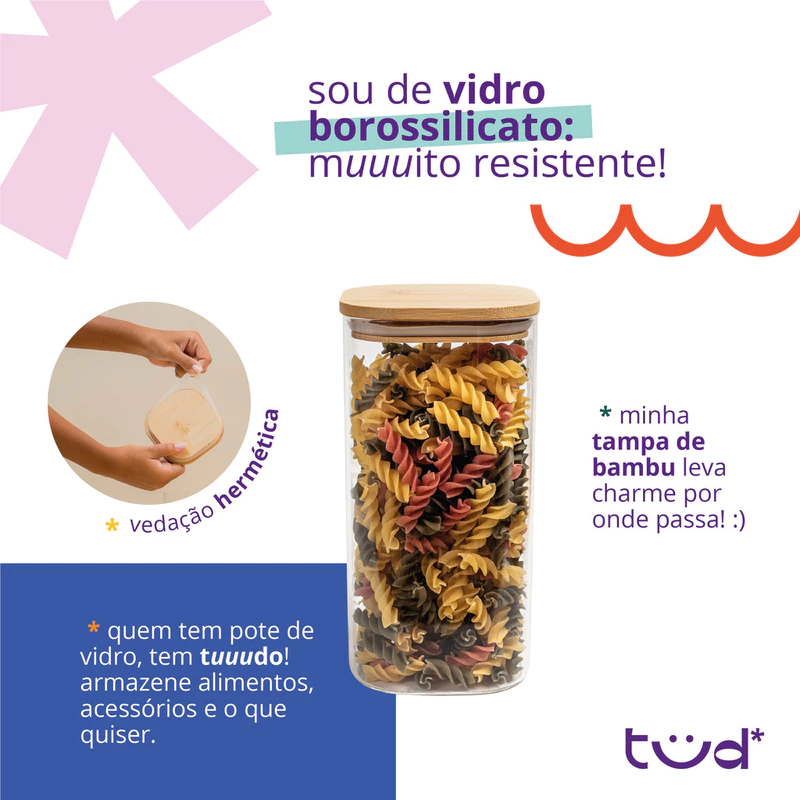 Kit 3 Potes de Vidro Herméticos 1,4L Quadrados com Tampa de Bambu Tüd — foto 4