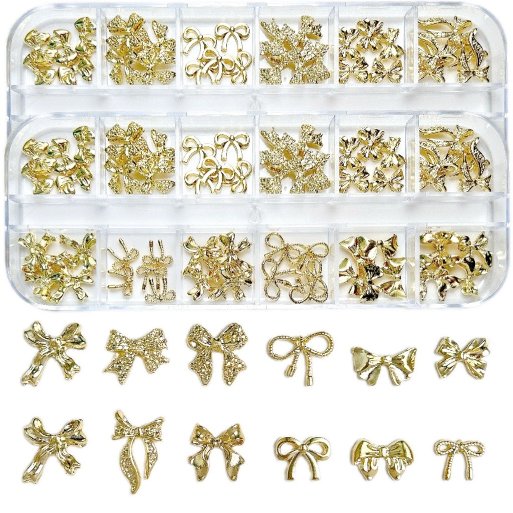 Caixa de 12 Grades Decorações de unhas com laço dourado decorações de unhas com lantejoulas metálicas — imagem 2 de 2