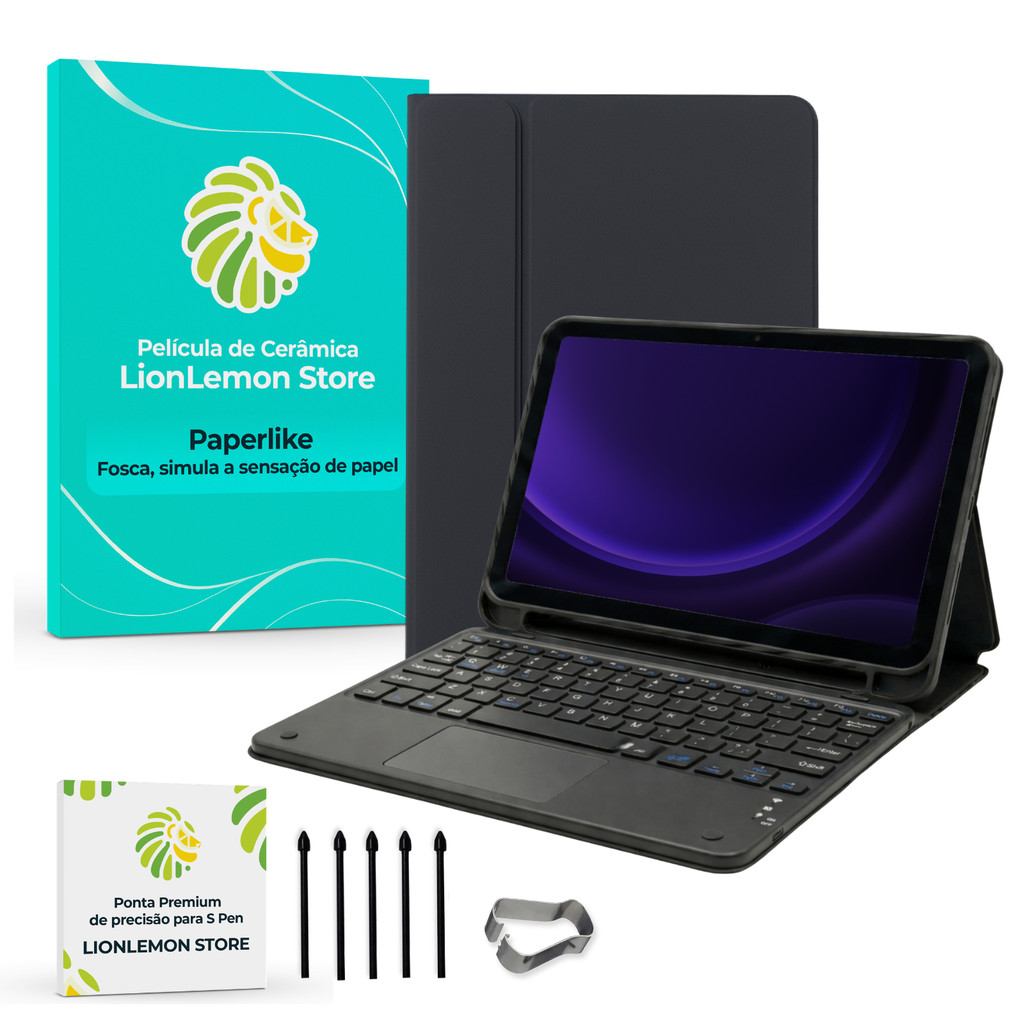 Kit Capa Preta Noir Luxe para Samsung Galaxy Tab S9 / S9 FE + Pontas para SPen +