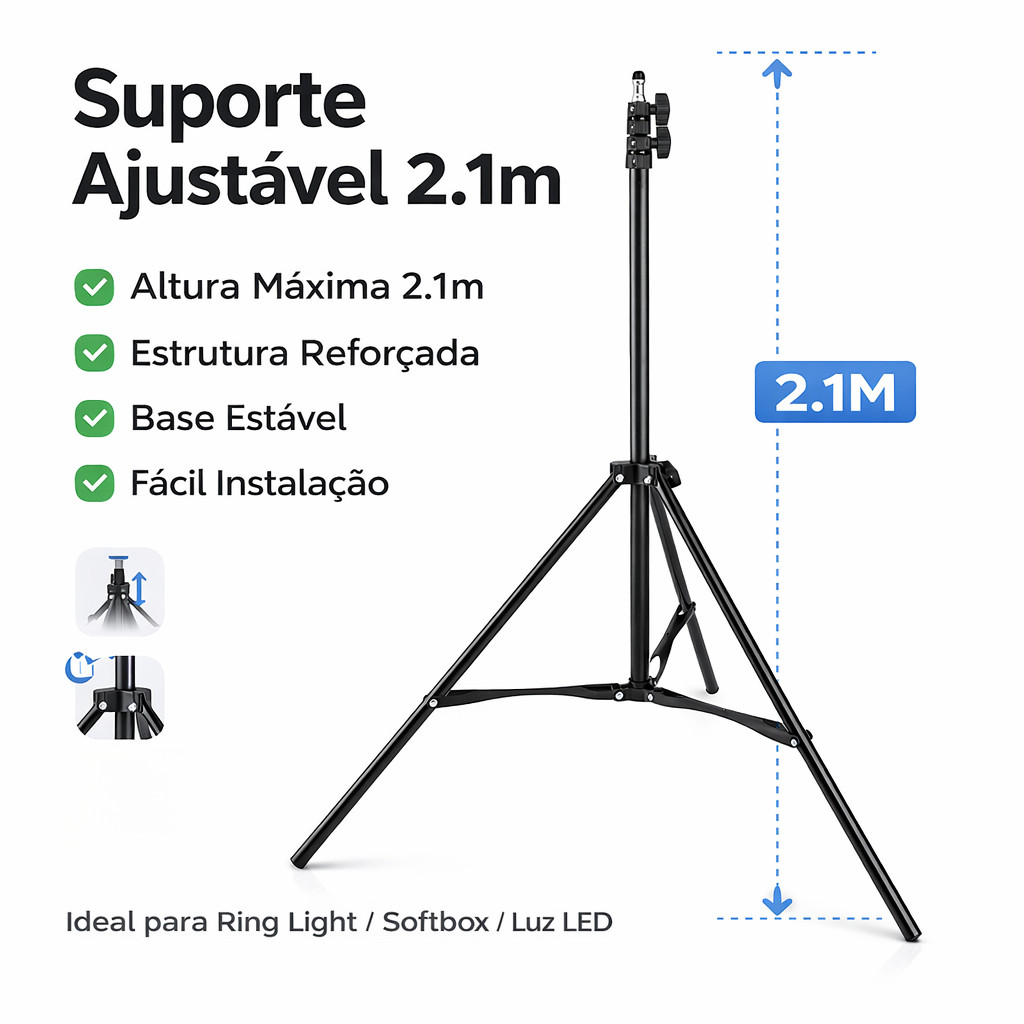 Tripé para Ring Light Ajustável Suporte para Iluminação Fotografia Estúdio