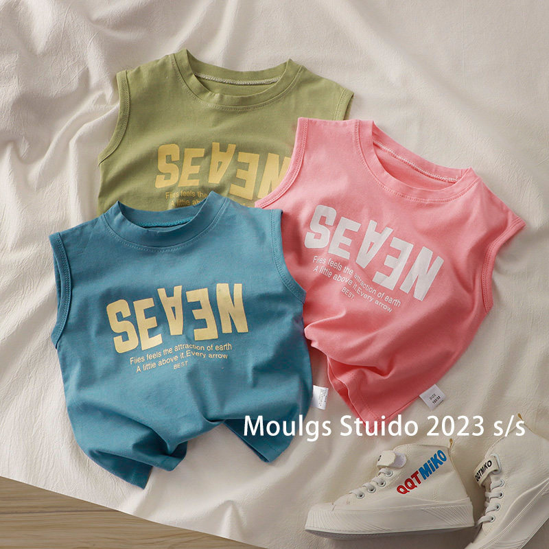 Tops de algodão puro infantil versão coreana colete de ombro largo sem mangas camisetas médias grandes crianças All-Ma
