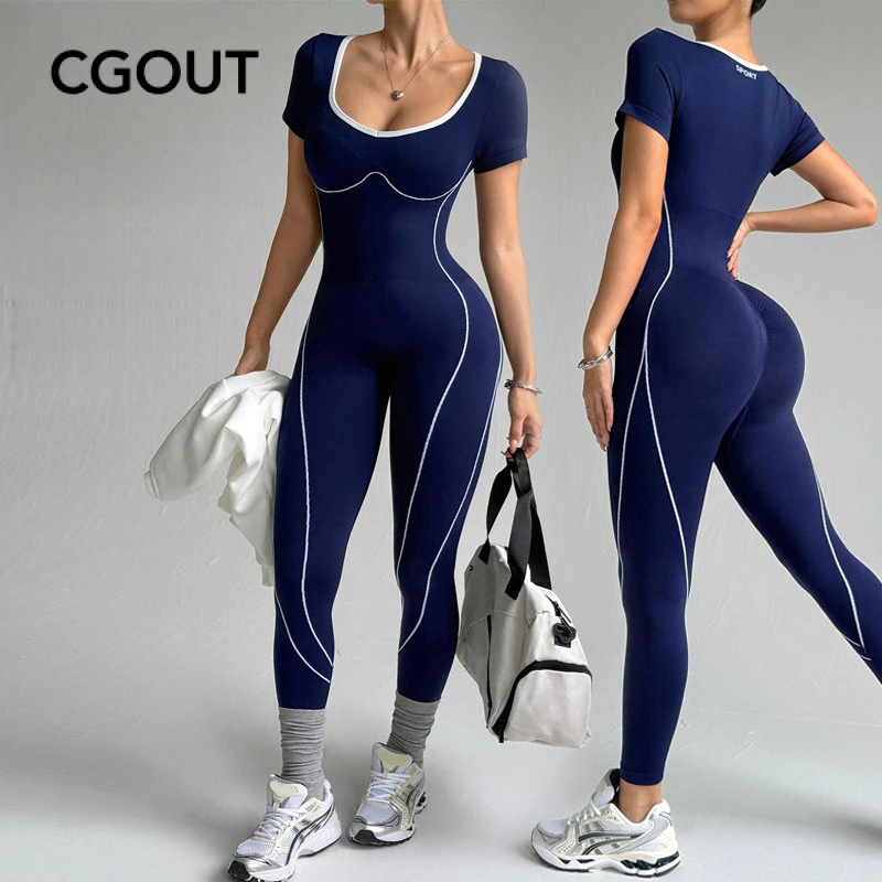 Macacão feminino de cor contrastante, longo, peça única, para ioga, esportes ao ar livre — imagem 1