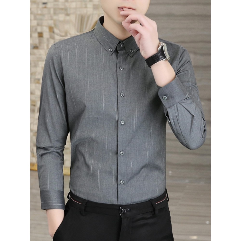 Camisa masculina 2026 primavera outono novo estilo não-ferro high-end camisa listrada negócios Casual cinza high-end cam